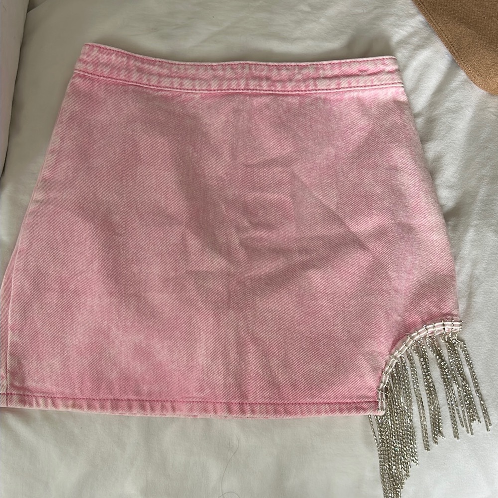 Pink Denim Skirt with Fringe Detail (Fits like a SMALL)